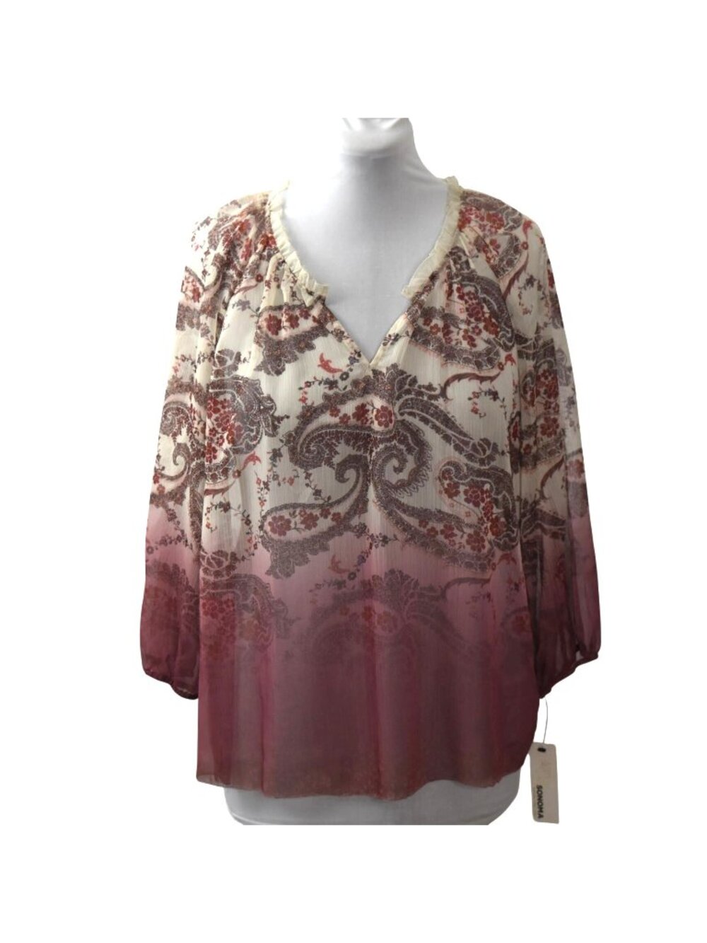Sonoma Goods For Life Womens XL Sheer Floral Ombre Blouse Long Sleeve Boho Top